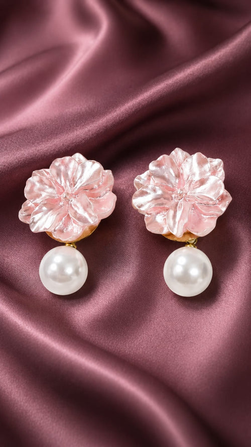 Blush floral statement earrings with pink crystal petals and white pearl drops