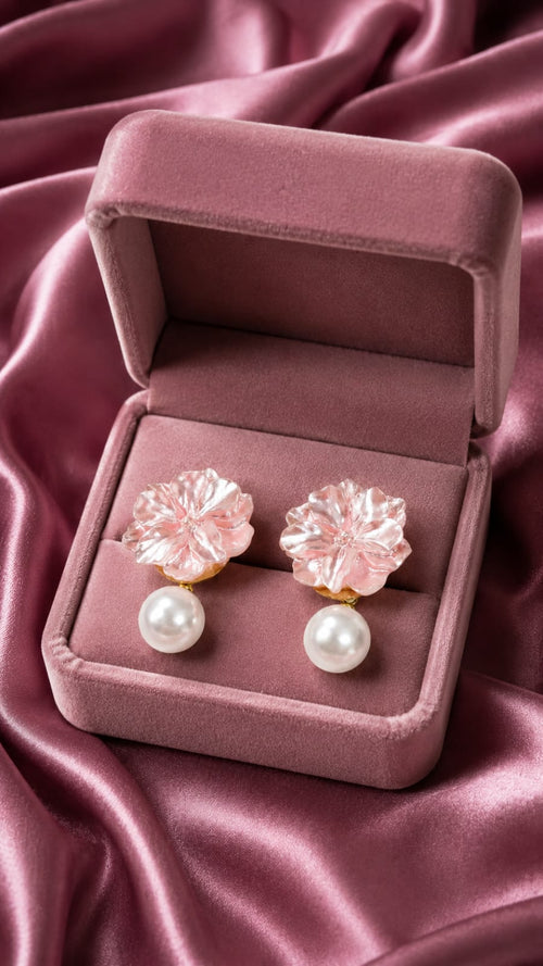 Blush floral pearl earrings set in mauve gift box with pink flower tops and white drops