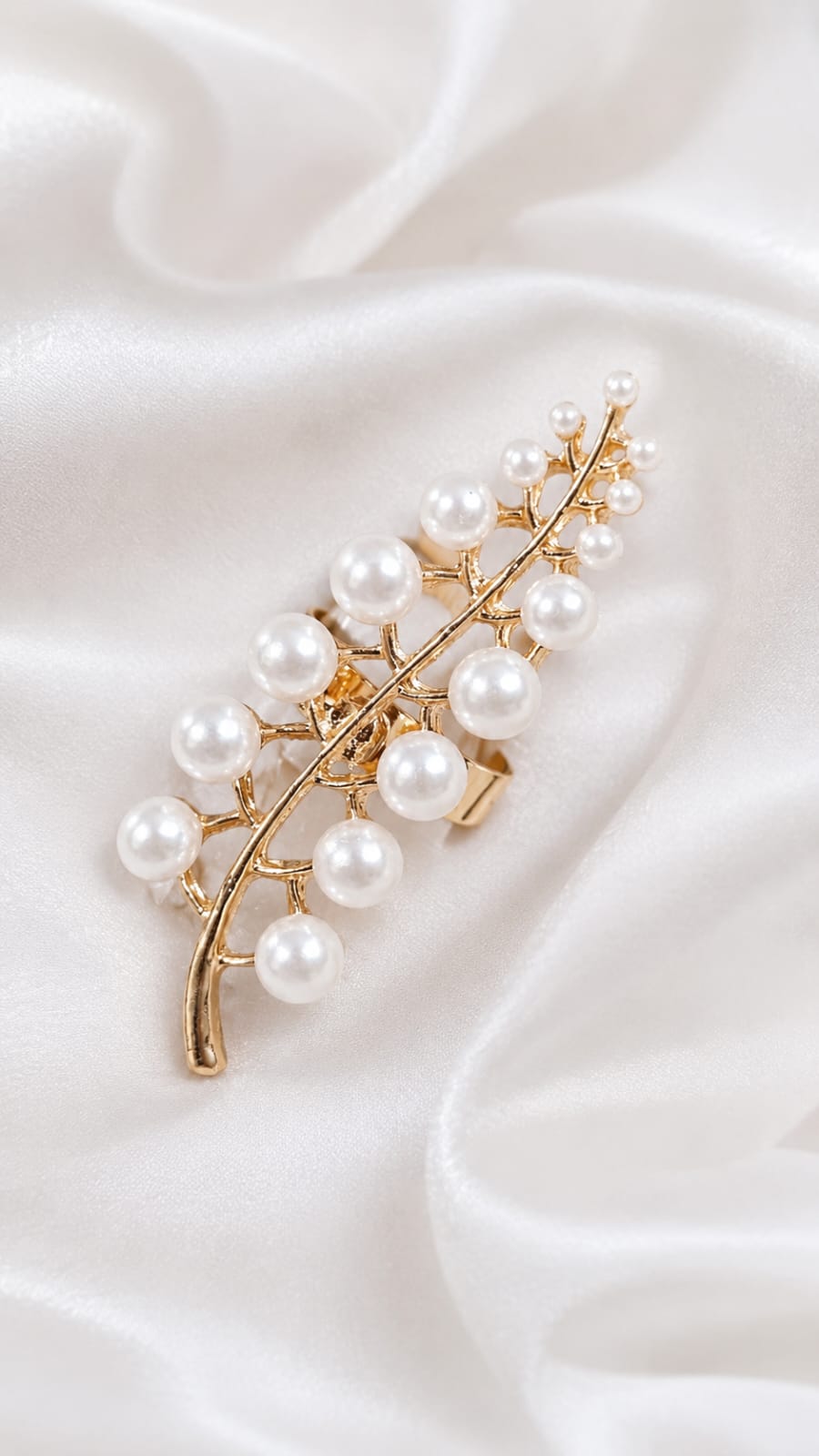 Gold-plated leaf statement ring with pearl-like bead clusters and branching design