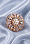 Rose gold statement ring with round halo stones and three pearl center cluster