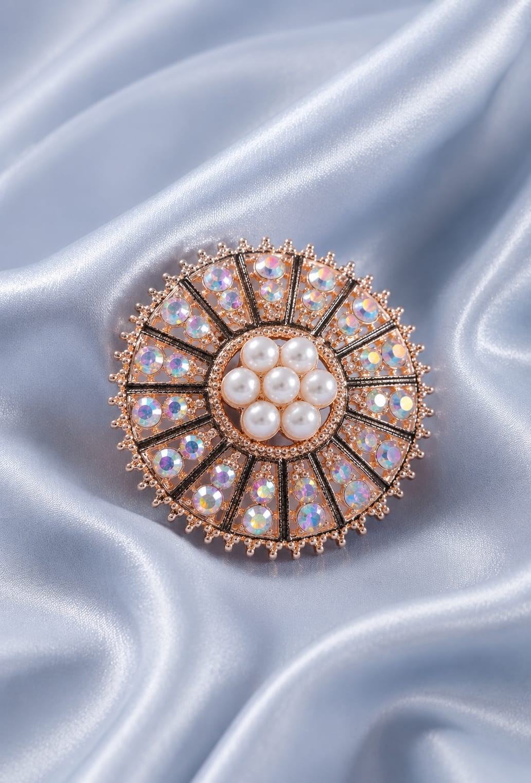 Rose gold statement ring with round halo stones and three pearl center cluster