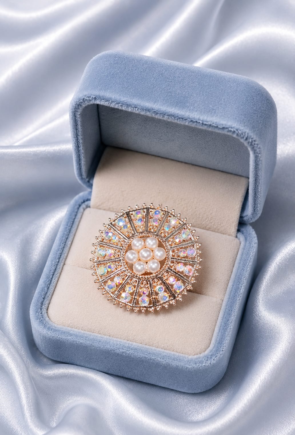 Rose gold statement ring in blue velvet box, round halo stones and pearl center