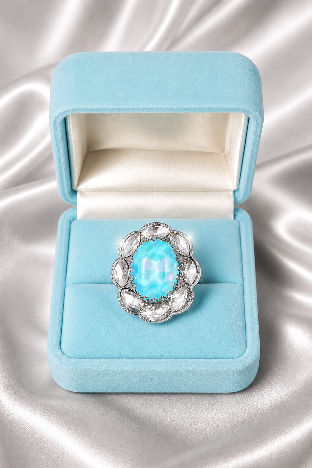 Gunmetal halo statement ring with oval aqua-blue center stone and clear crystal border