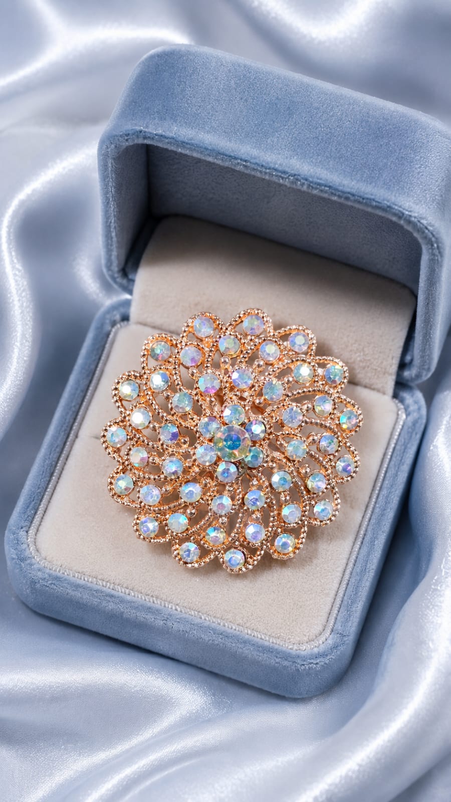 Rose gold statement ring with floral cluster of round iridescent blue stones