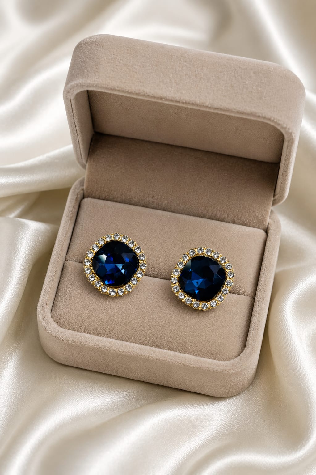 Midnight Sapphire Halo Stud Earrings (Anti-Tarnish Luxury Crystal Studs)