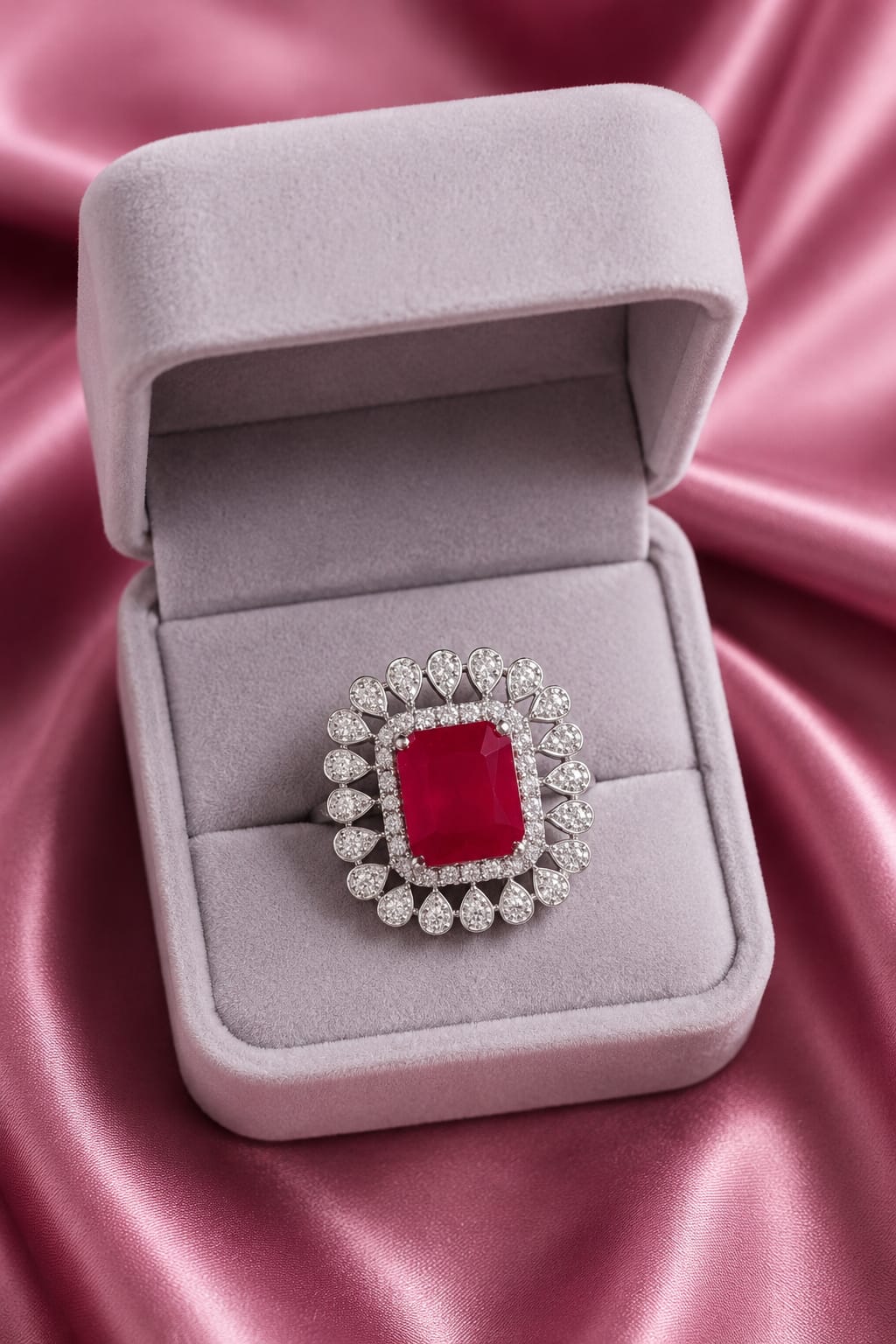 Silver-tone statement ring with red square center stone and halo of clear stones
