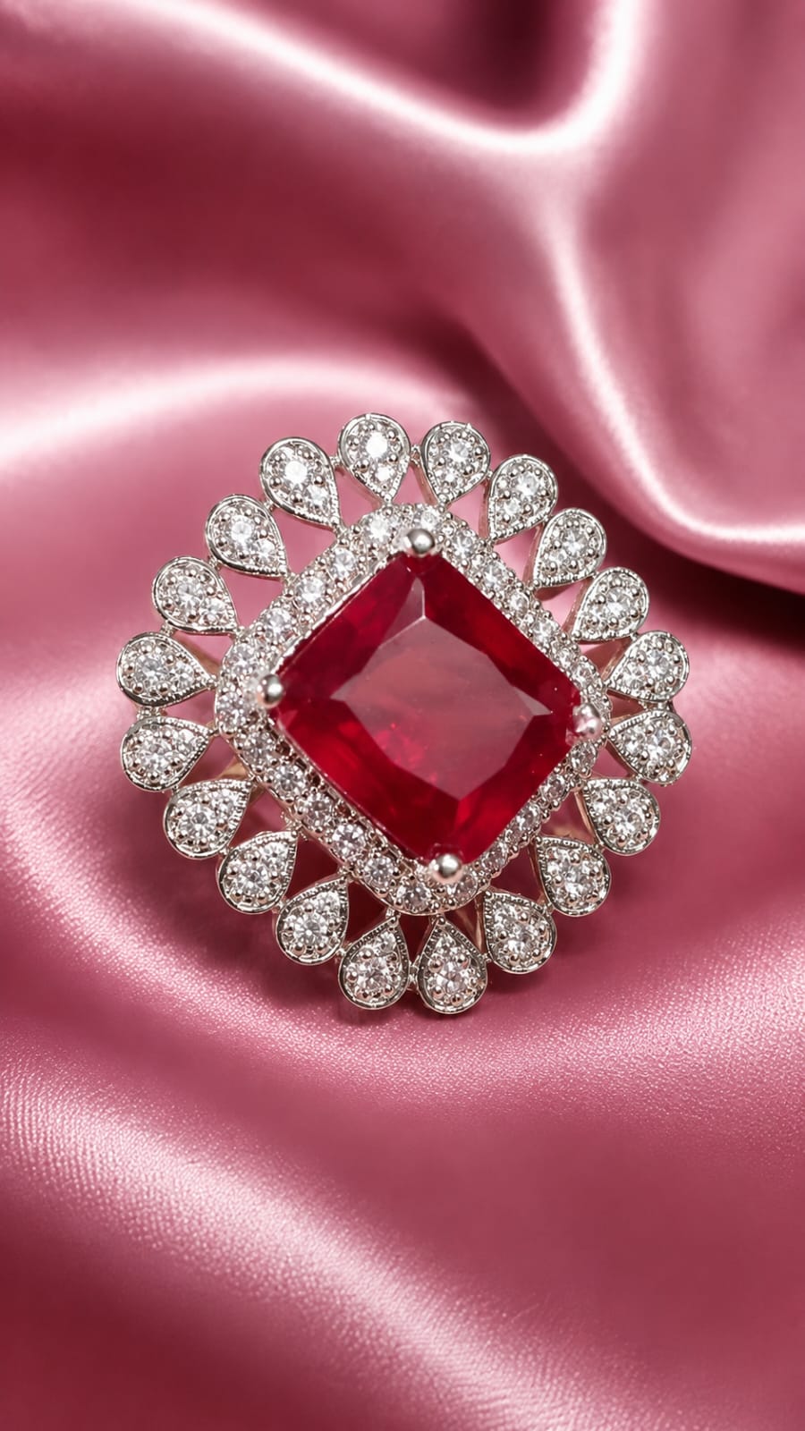 Silver-tone halo statement ring with red square center stone and clear gemstone border
