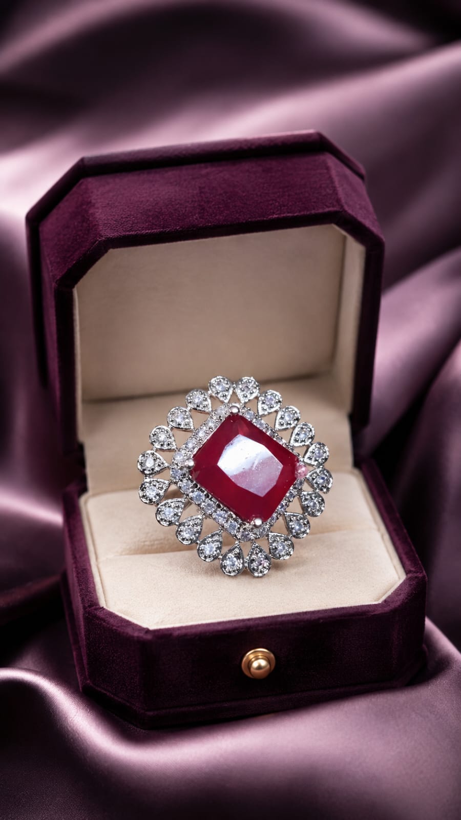 Ruby-red square center stone halo ring with clear stones in silver-tone setting
