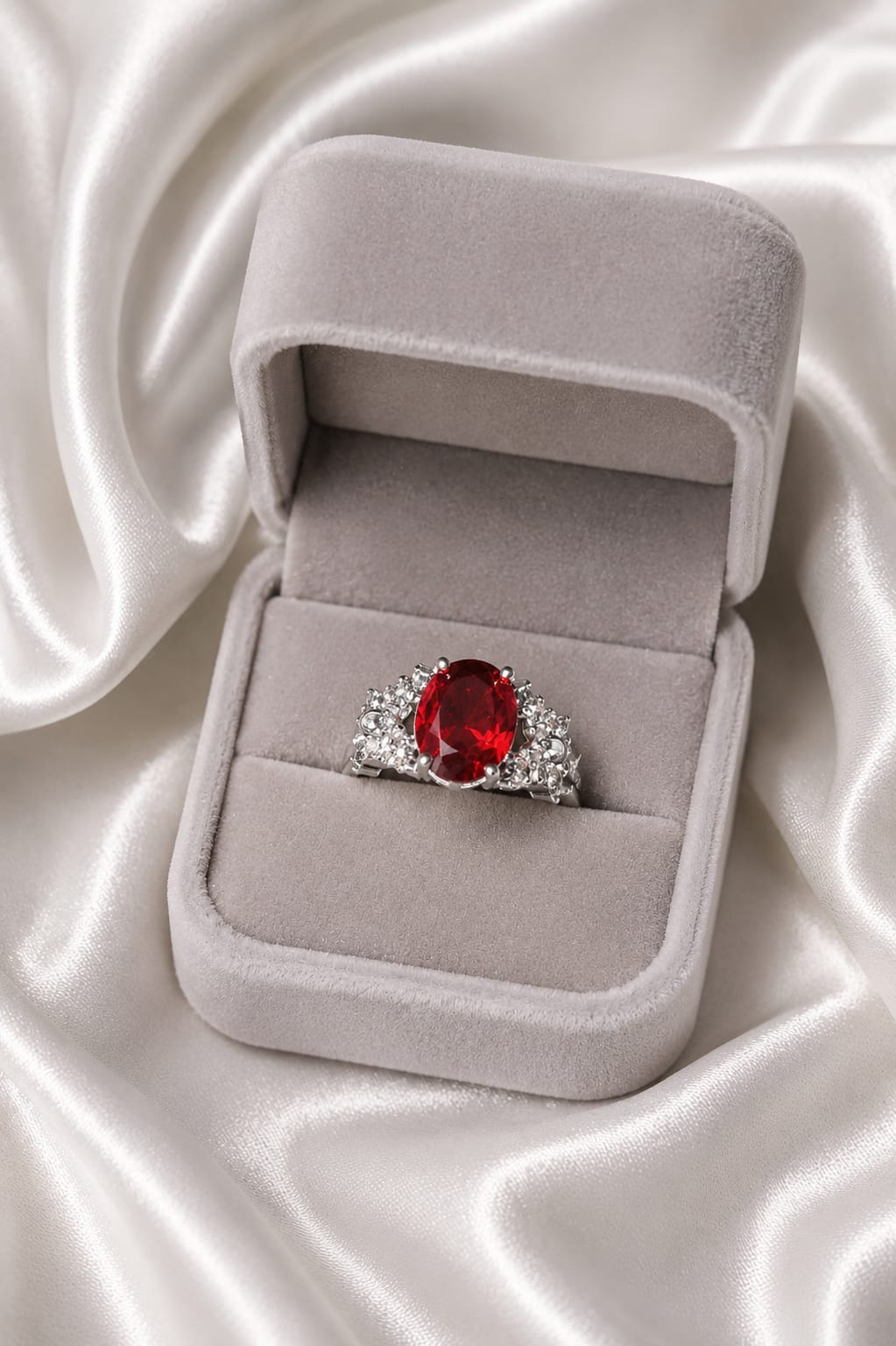 Silver statement ring with round red gemstone center and sparkling halo