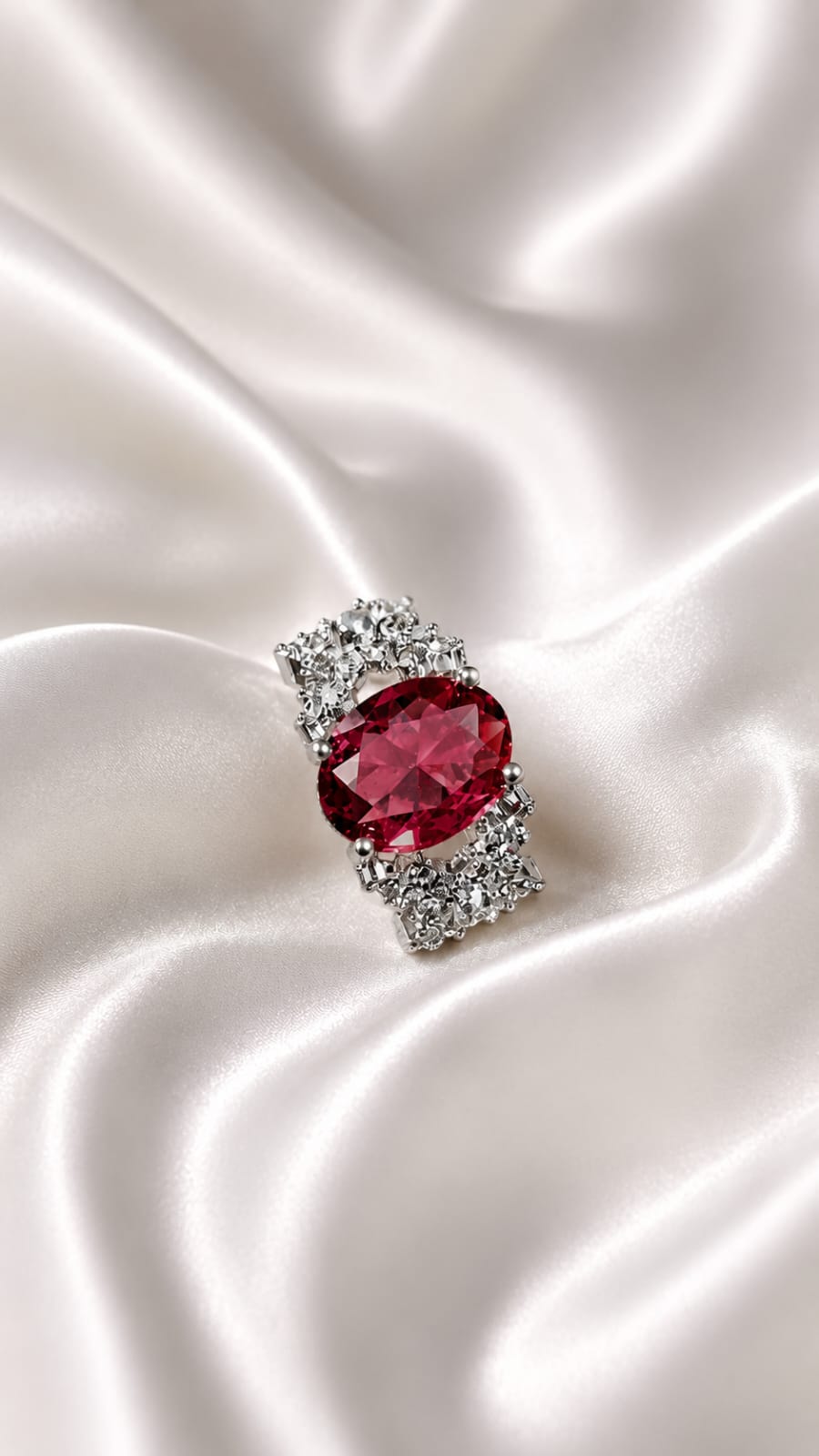 Silver fashion ring with red oval gemstone center and pave-like sparkling border