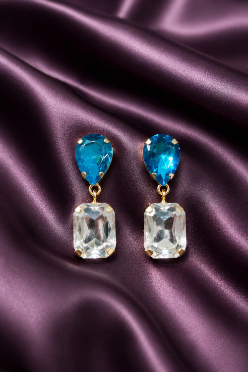 Gold drop earrings with blue teardrop crystals and clear square crystal dangles