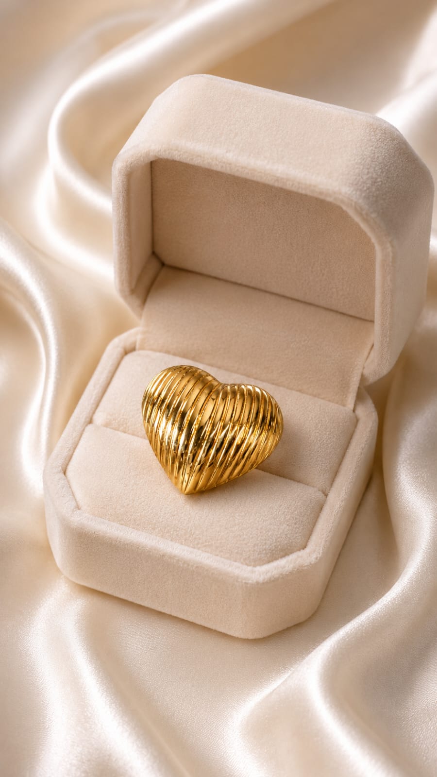 Gold heart statement ring in open gift box, ridged textured design