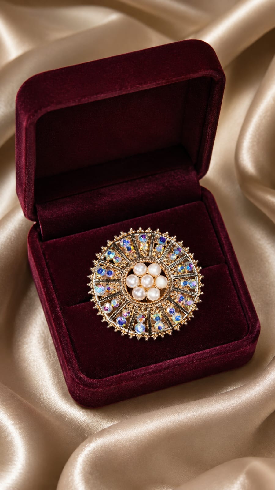Gold-tone statement ring with blue crystals and white pearl center, in velvet box