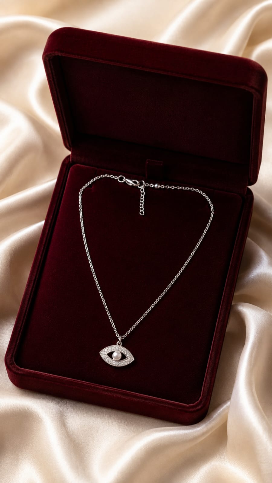 Silver-tone evil eye pendant necklace with light center, fine chain