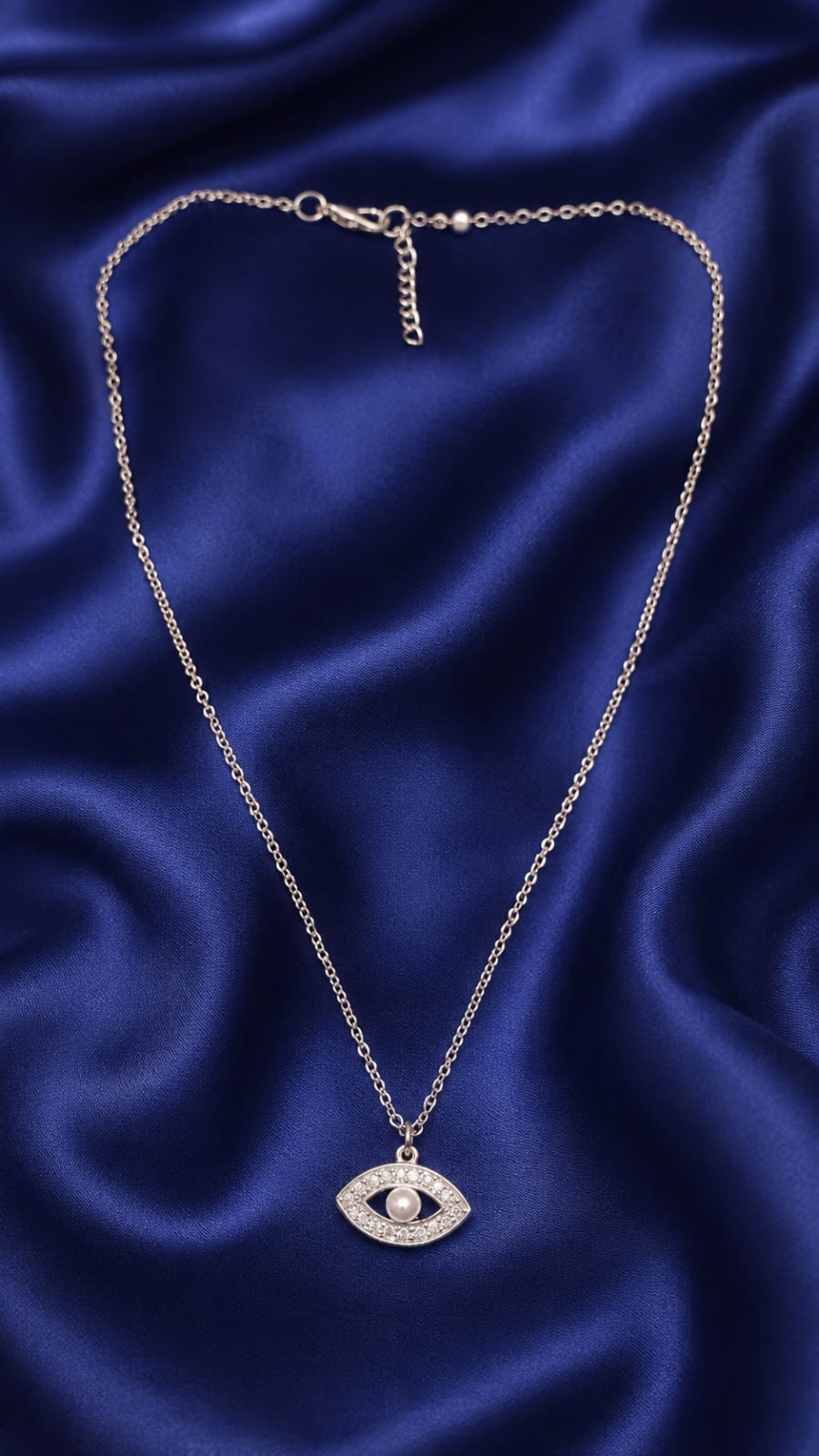 Silver-tone evil eye pendant necklace with teardrop eye pendant, fine chain