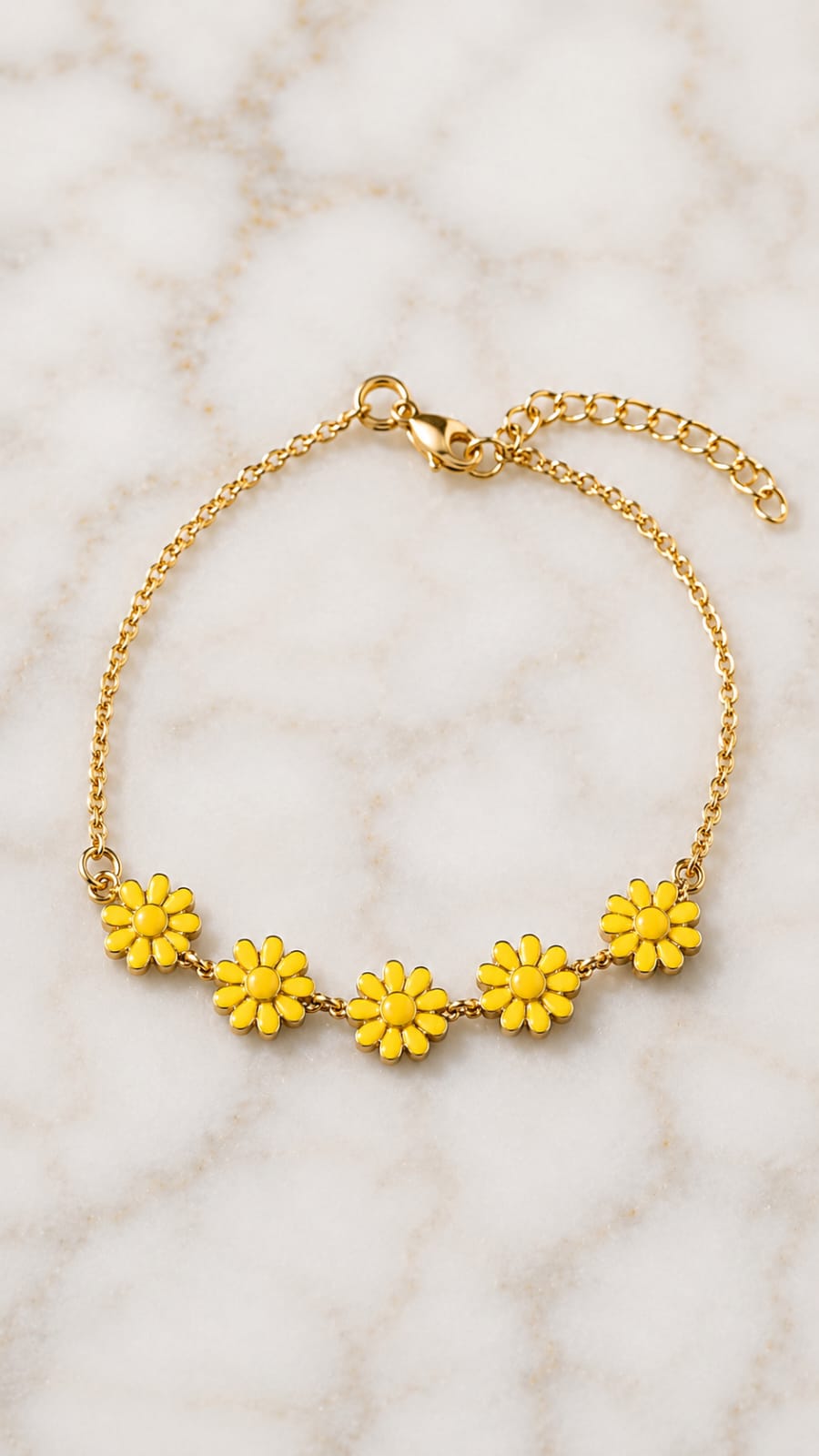 Gold-plated charm bracelet with linked chain and five yellow sunflower flower charms