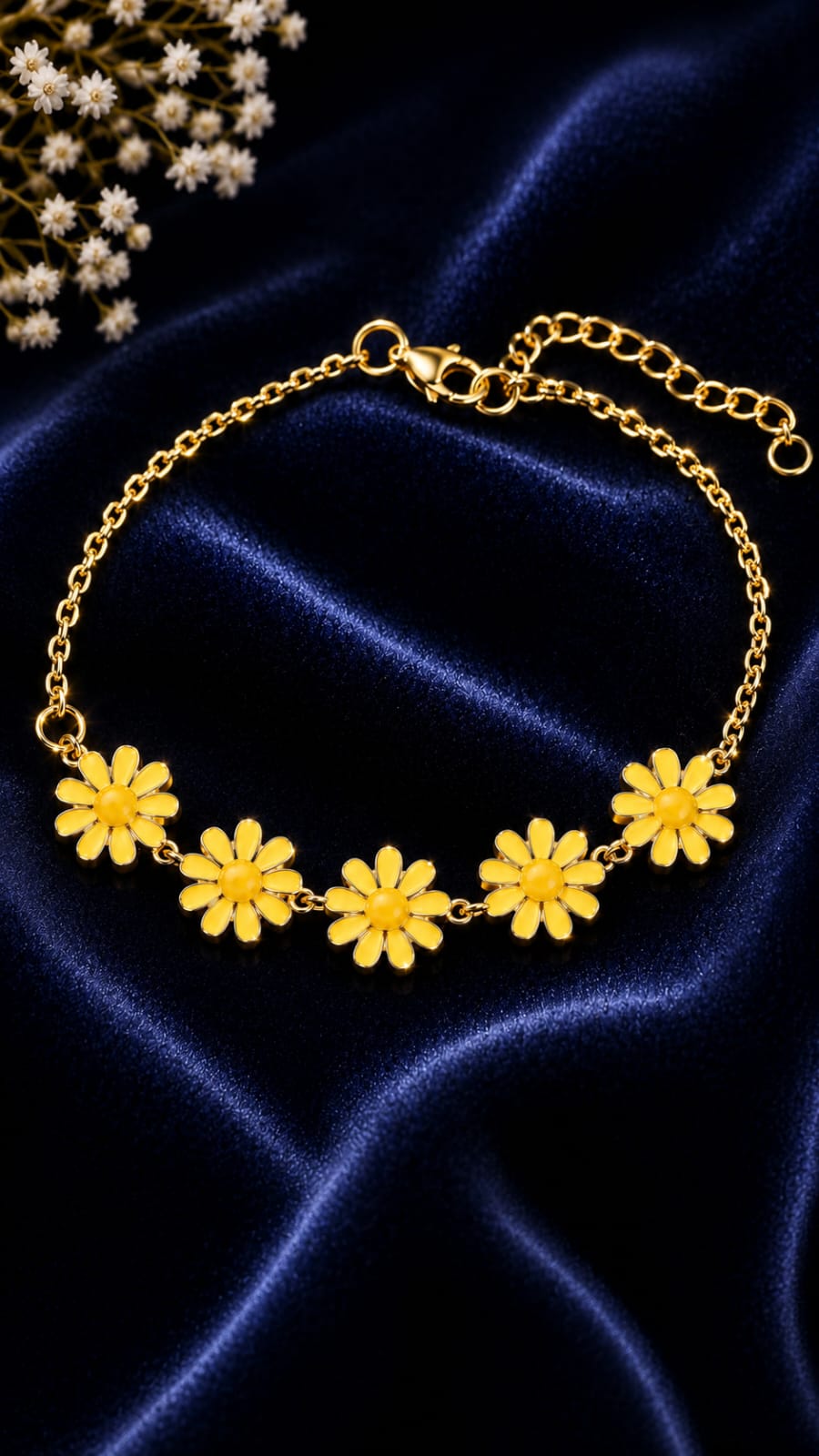 Gold-plated bracelet with five yellow sunflower charms and secure clasp