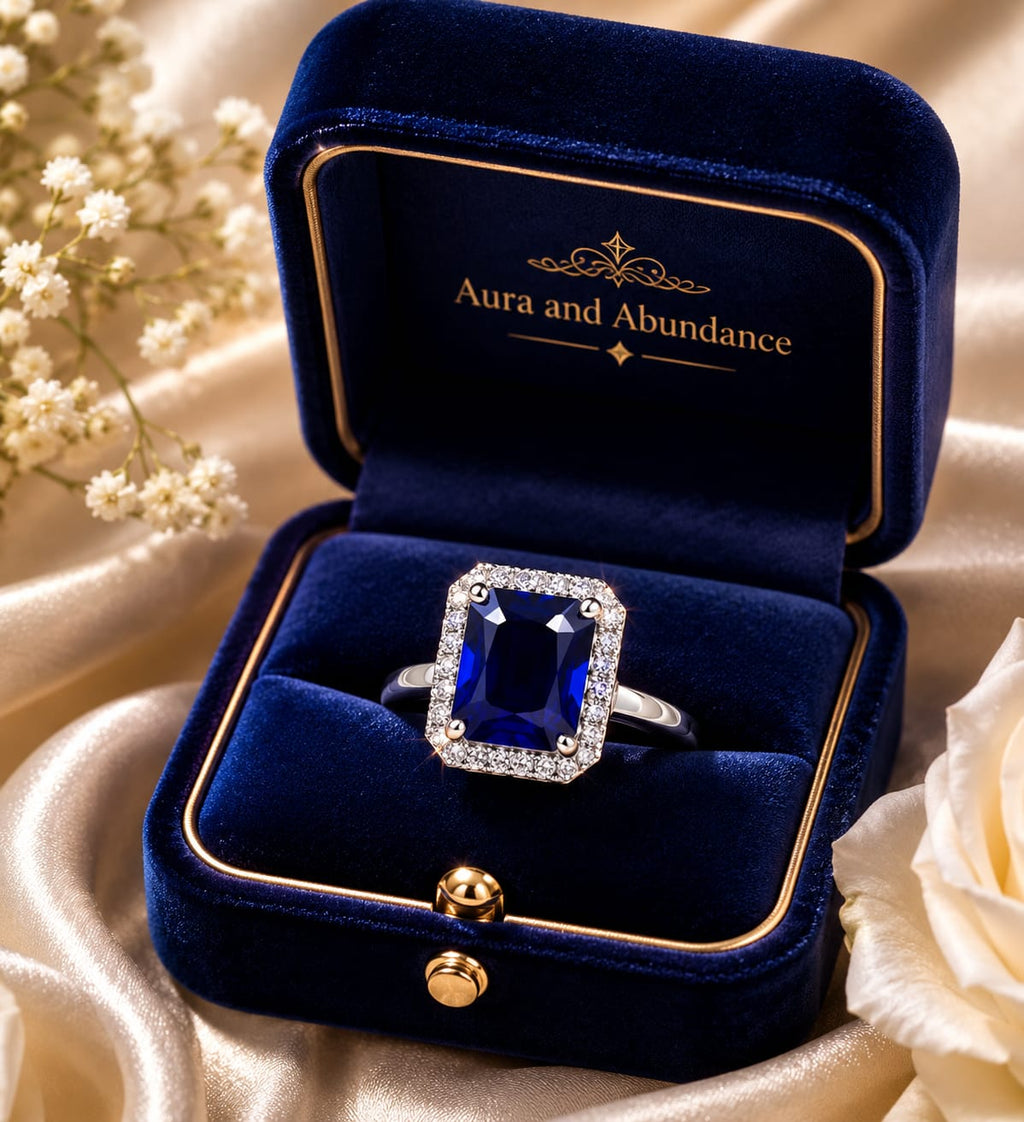 Sapphire blue square halo statement ring with clear stone border and silver band