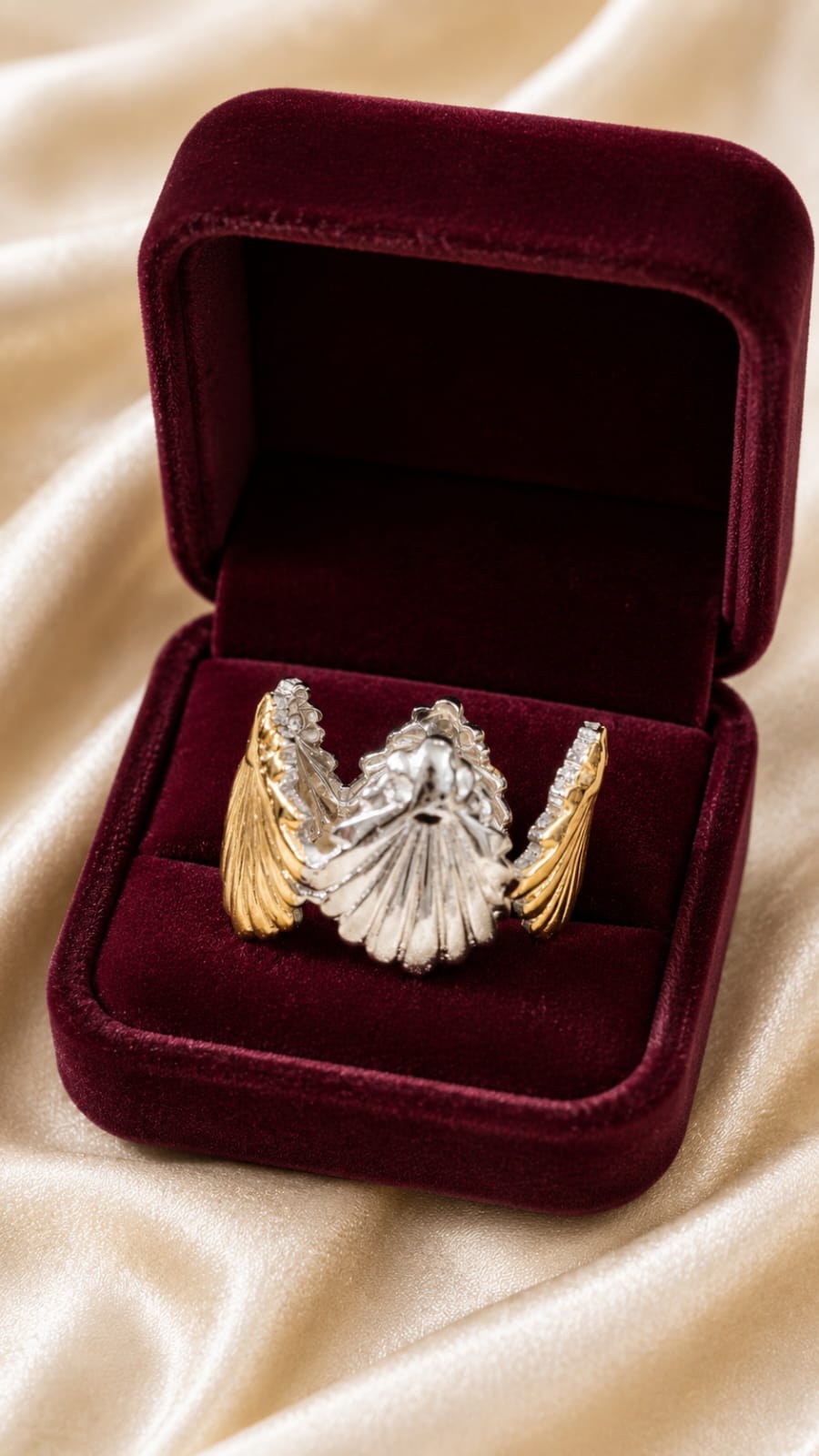Dual-tone seashell statement ring with gold and silver fan design