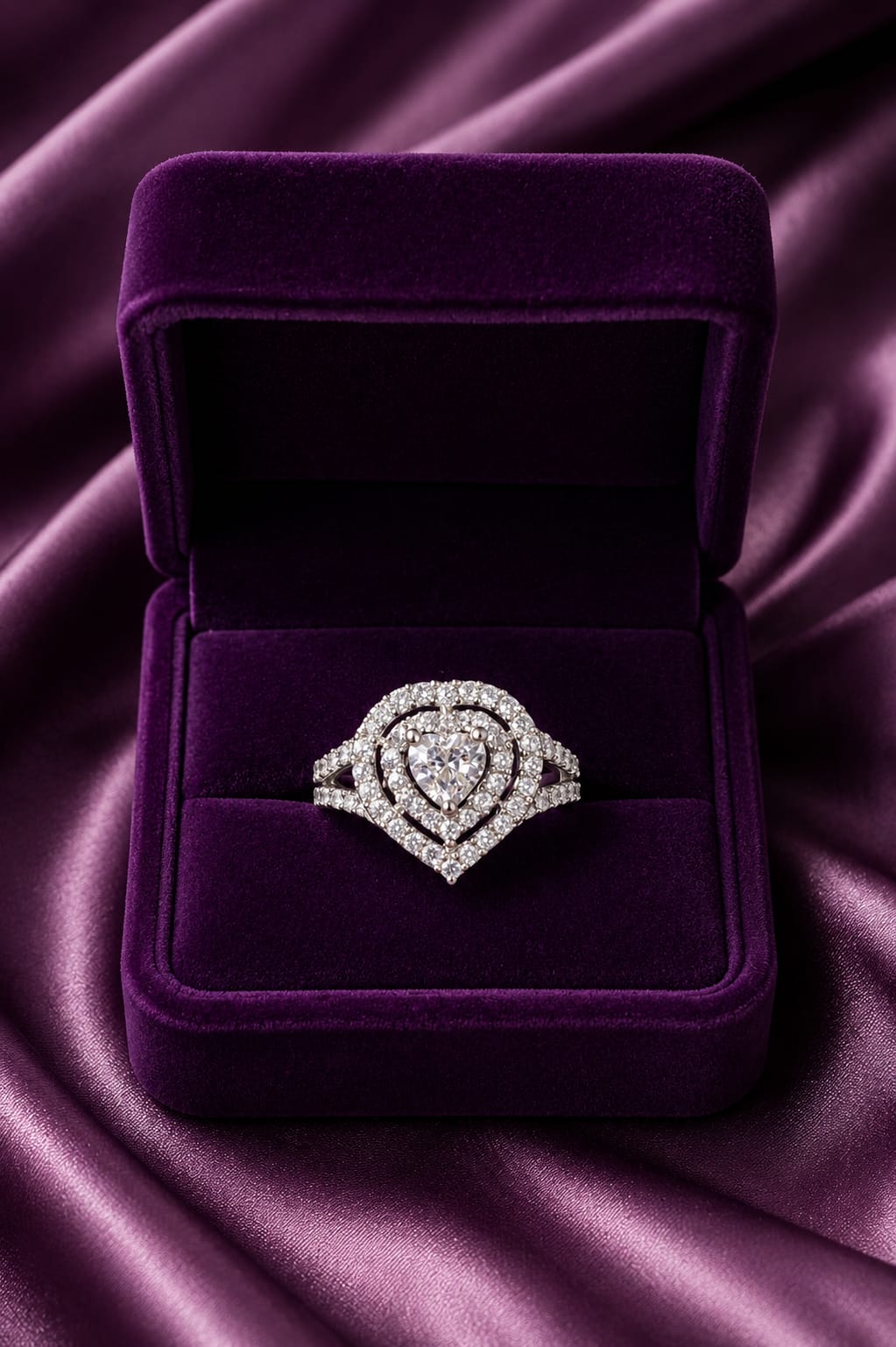 Silver-tone heart halo statement ring with clear-stone double heart center, in box