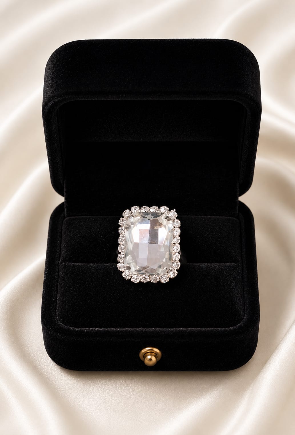 Crystal halo statement ring with rectangular center stone