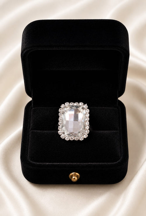 Crystal halo statement ring with rectangular center stone