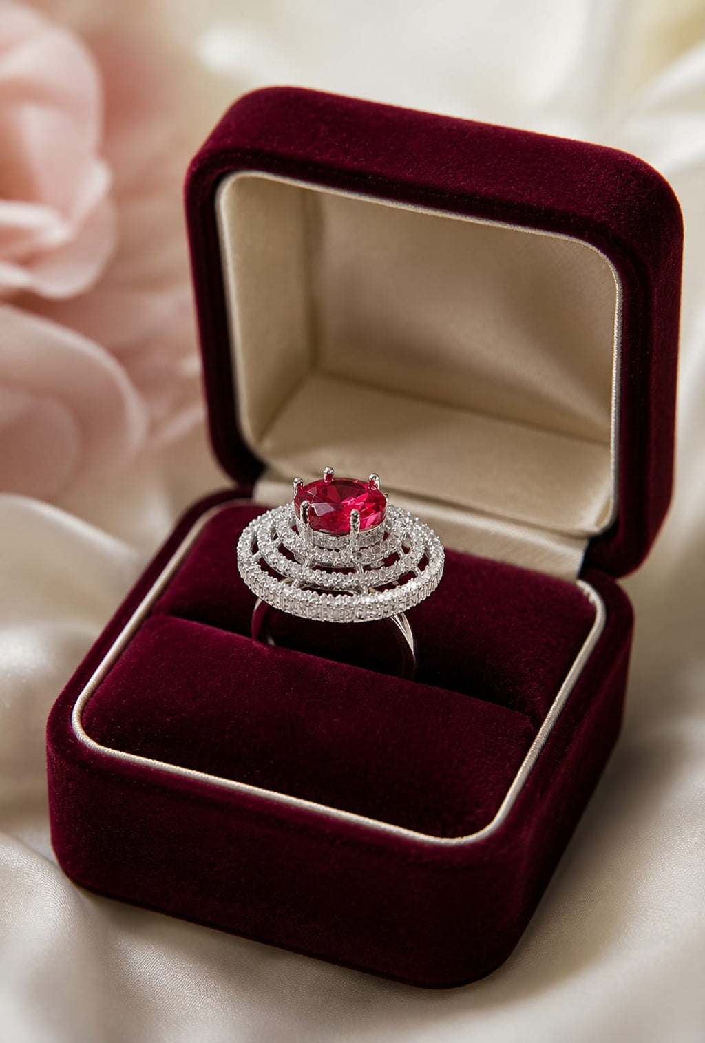 Ruby halo statement ring with pavé stones in a burgundy velvet box