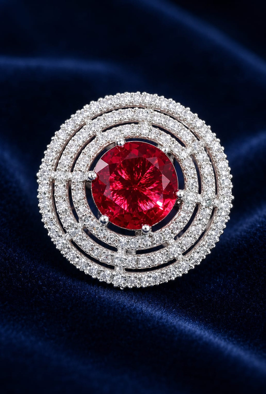 Statement ring with round ruby-red center stone and pavé halo