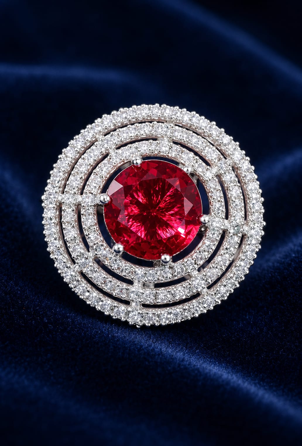 Statement ring with round ruby-red center stone and pavé halo