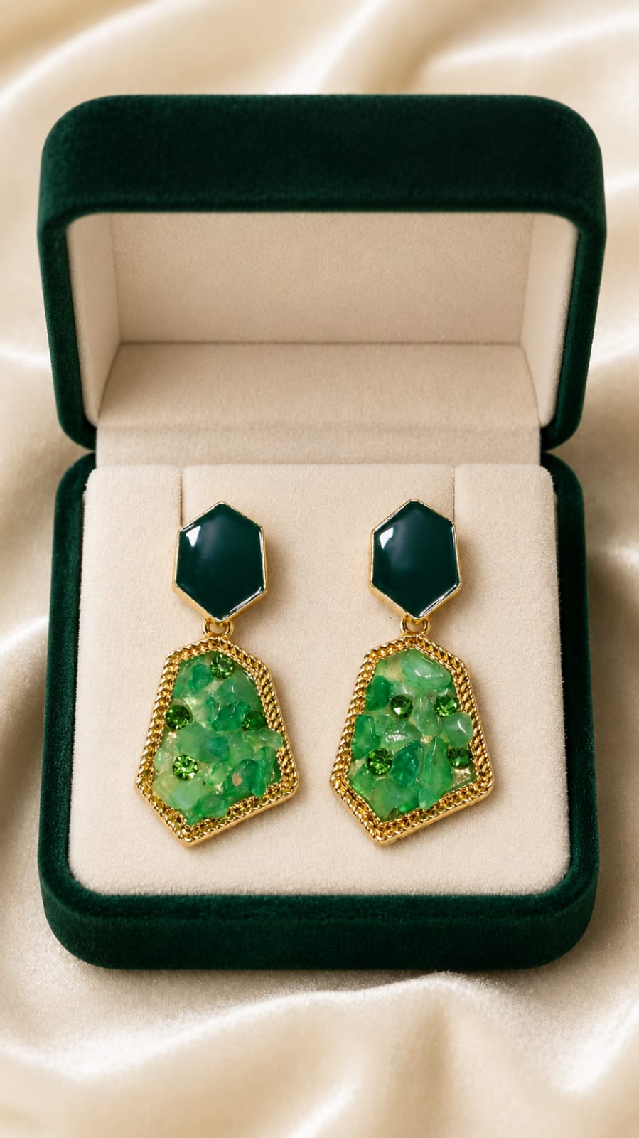 Gold-plated drop earrings: dark green stud caps, emerald green mosaic teardrops