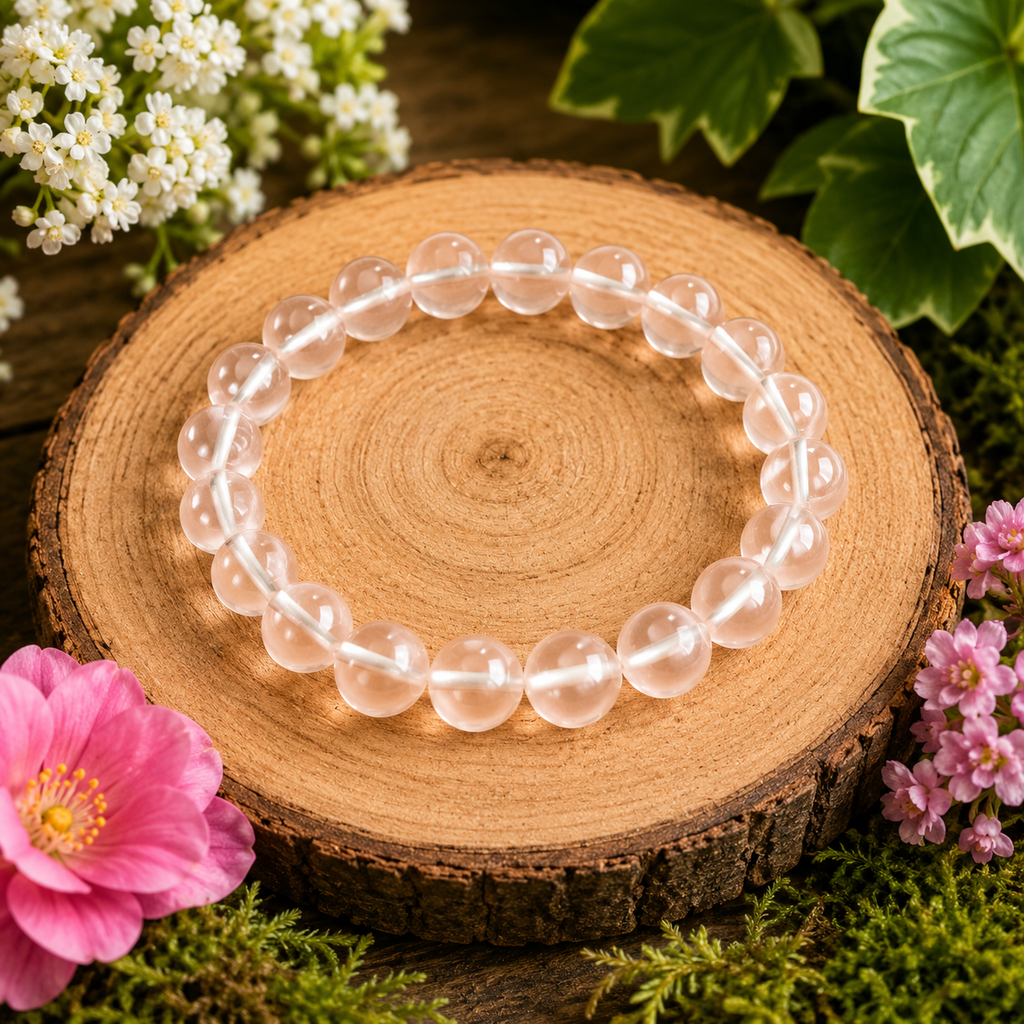 Clear quartz crystal bead bracelet, round translucent stones in elastic band