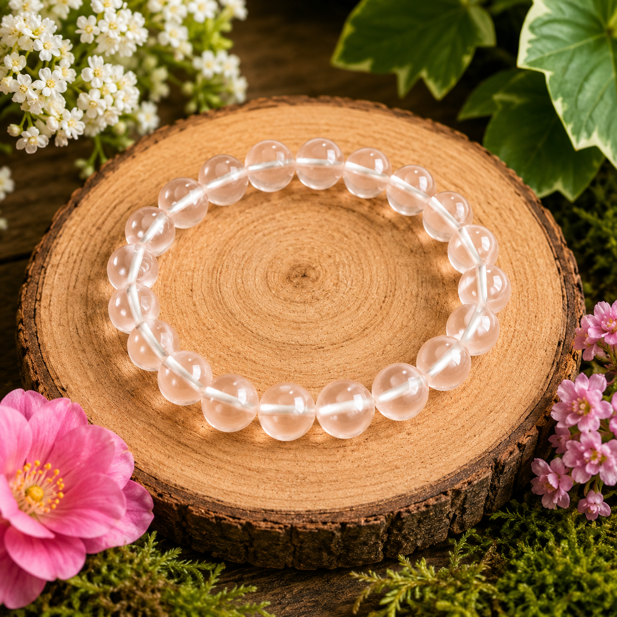 Clear quartz crystal bead bracelet, round translucent stones in elastic band