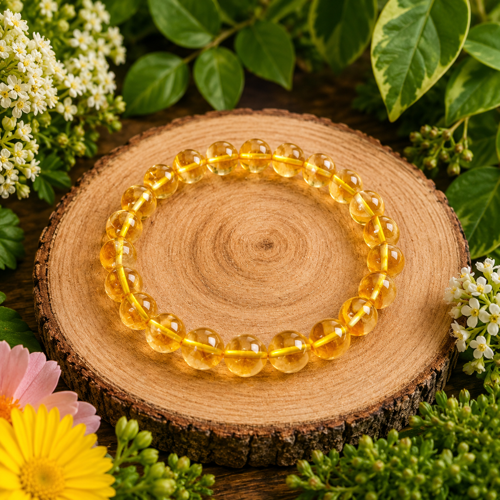Citrine crystal bracelet with round yellow beads on wooden round base