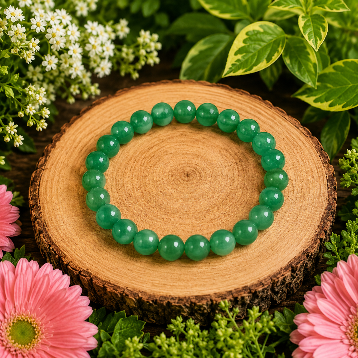 Green aventurine bracelet featuring evenly spaced round green stones