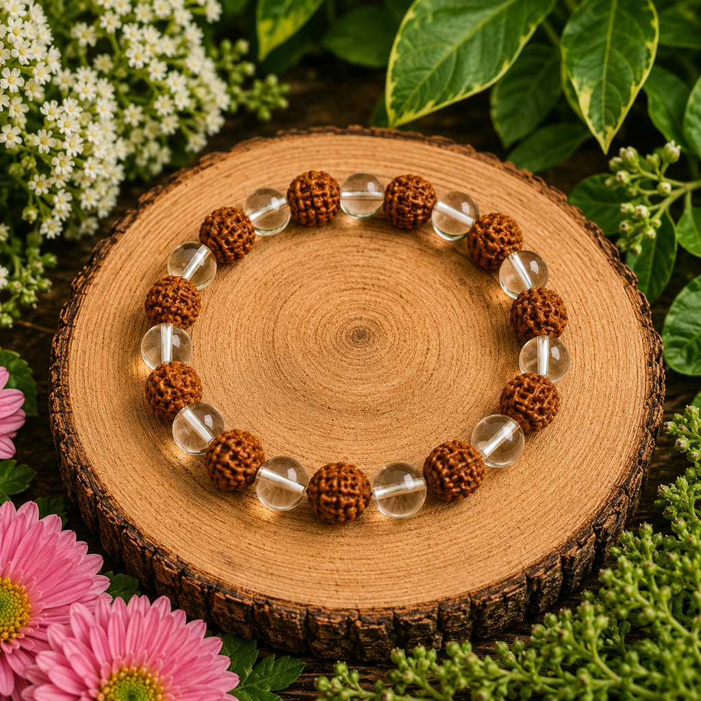 Clear quartz and brown rudraksha bracelet with round beads, unisex adult fit