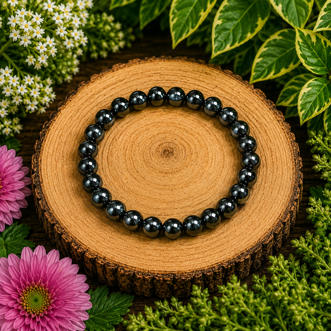 Black hematite crystal bracelet with round polished beads