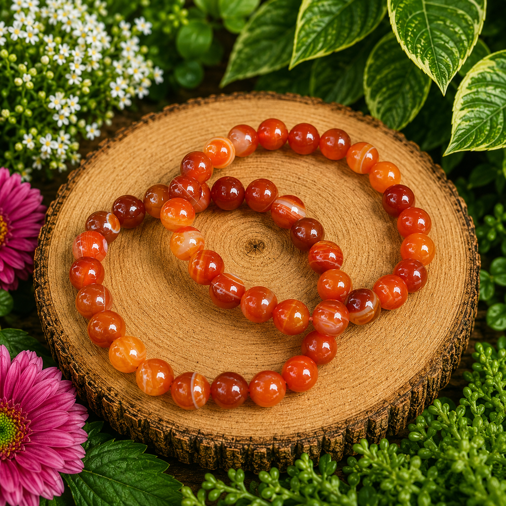 Stacked red carnelian bead bracelets, round stones with amber tones