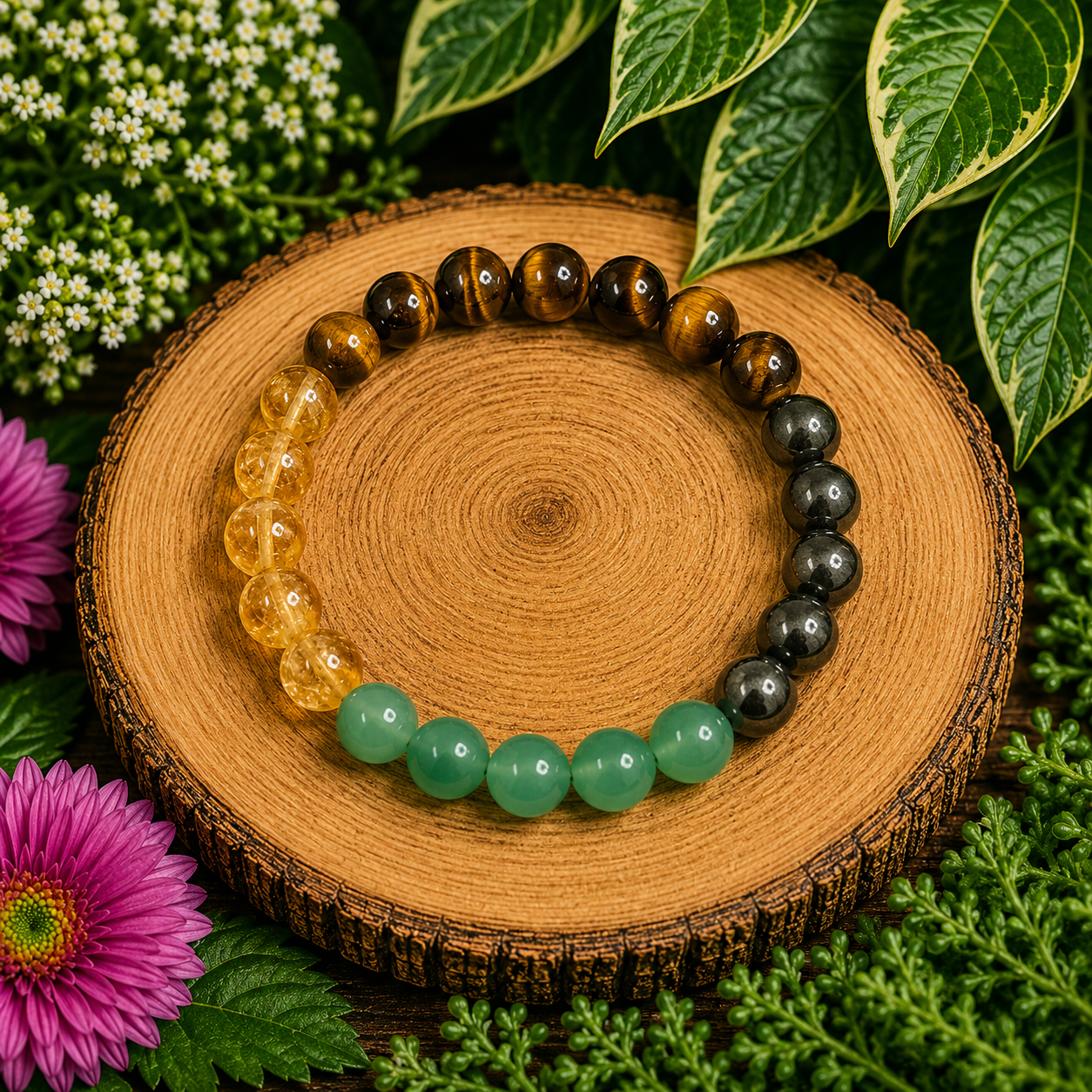 Crystal beaded bracelet: dark smoky and green beads with orange amber accents