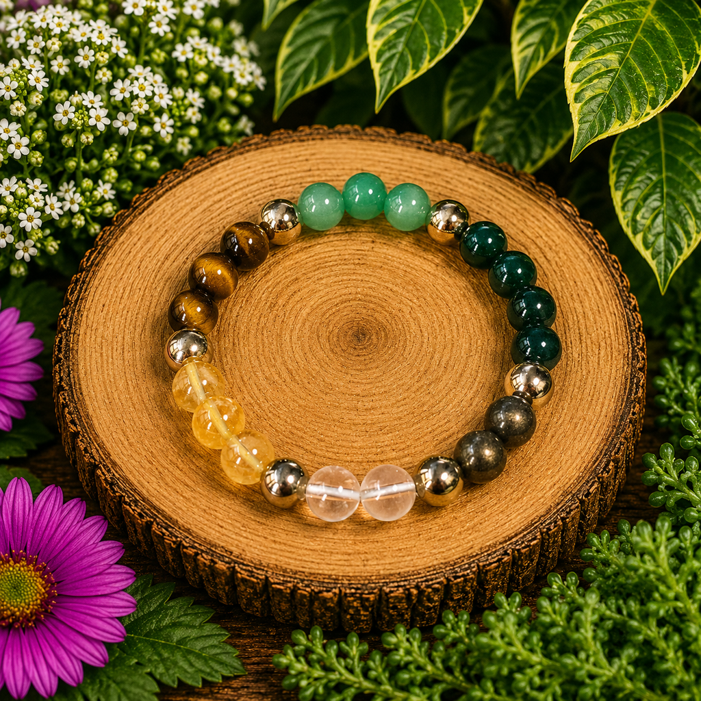 Crystal bracelet with green beads, tiger-eye stones and shiny gold-tone accents
