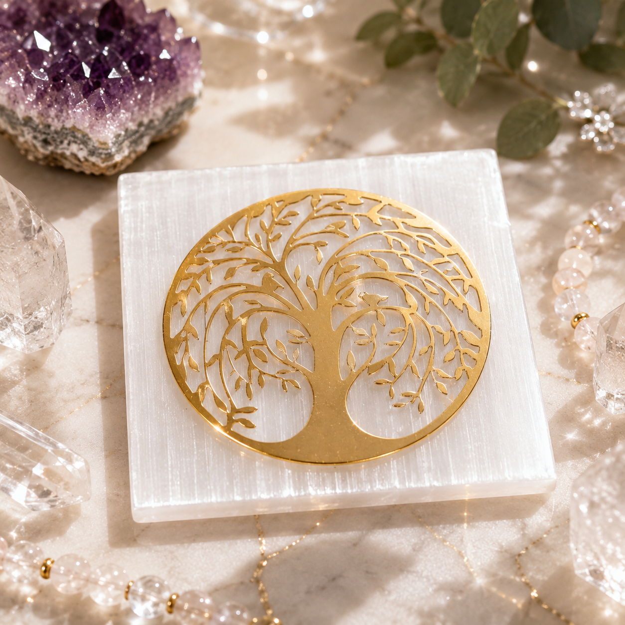 Selenite Charging Plate – Tree of Life (Gold Finish)