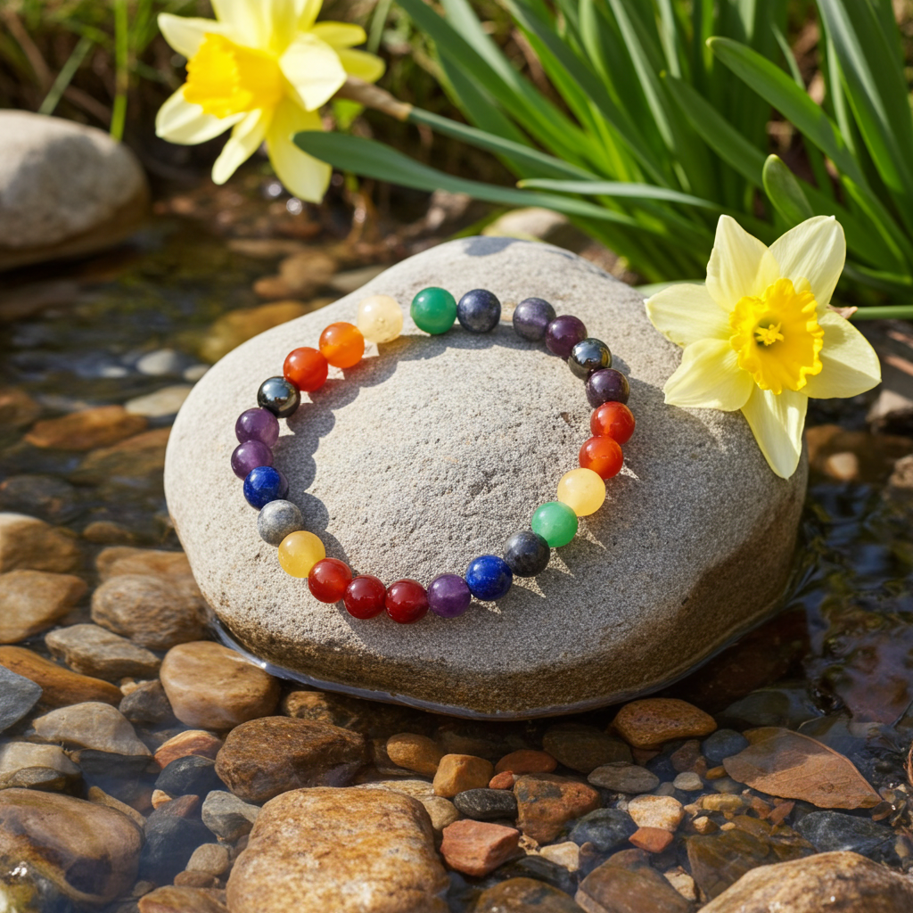 Seven chakra crystal bracelet, colorful round beads with dark metal spacer accents