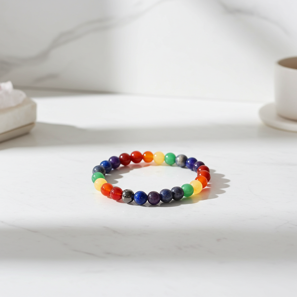 Seven chakra crystal bracelet, rainbow bead mix with dark round metal separators