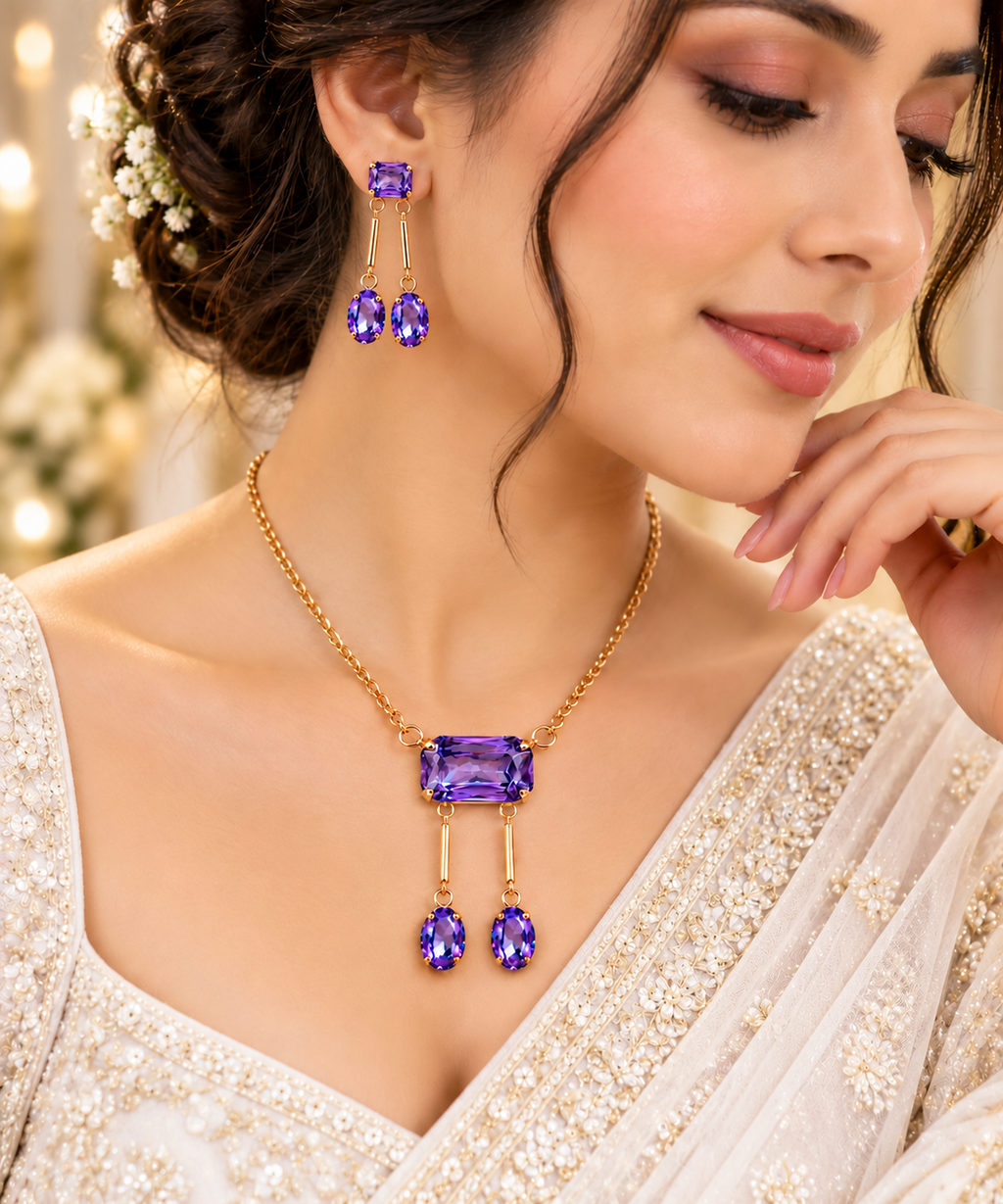 Gold necklace with rectangular purple stone pendant and dangling purple drop earrings