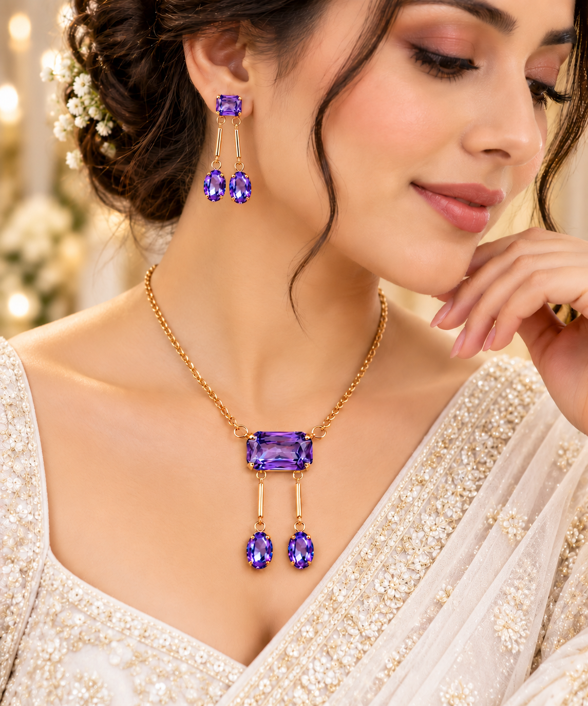 Gold necklace with rectangular purple stone pendant and dangling purple drop earrings