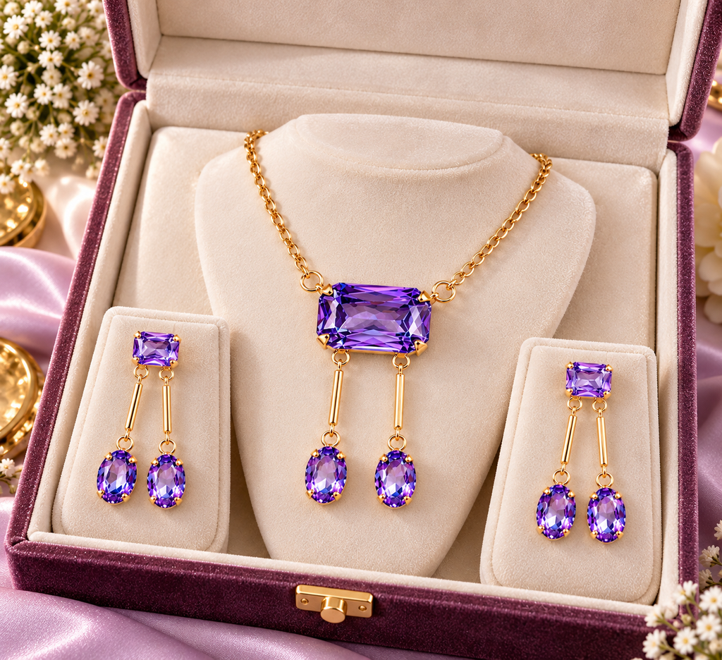 Jewelry set in gift box: purple rectangular pendant necklace with drop earrings