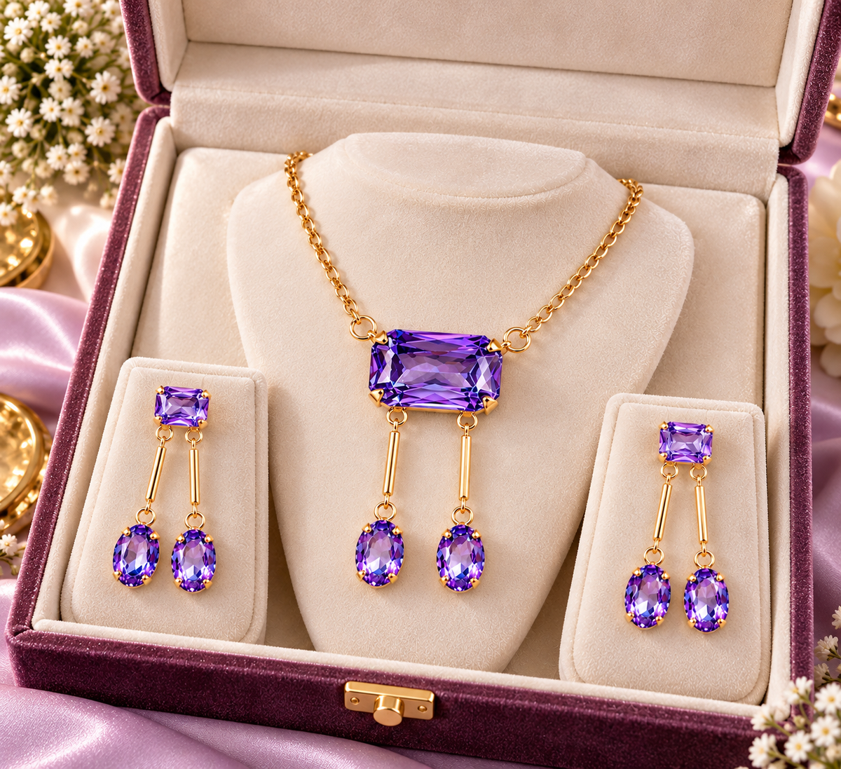 Jewelry set in gift box: purple rectangular pendant necklace with drop earrings