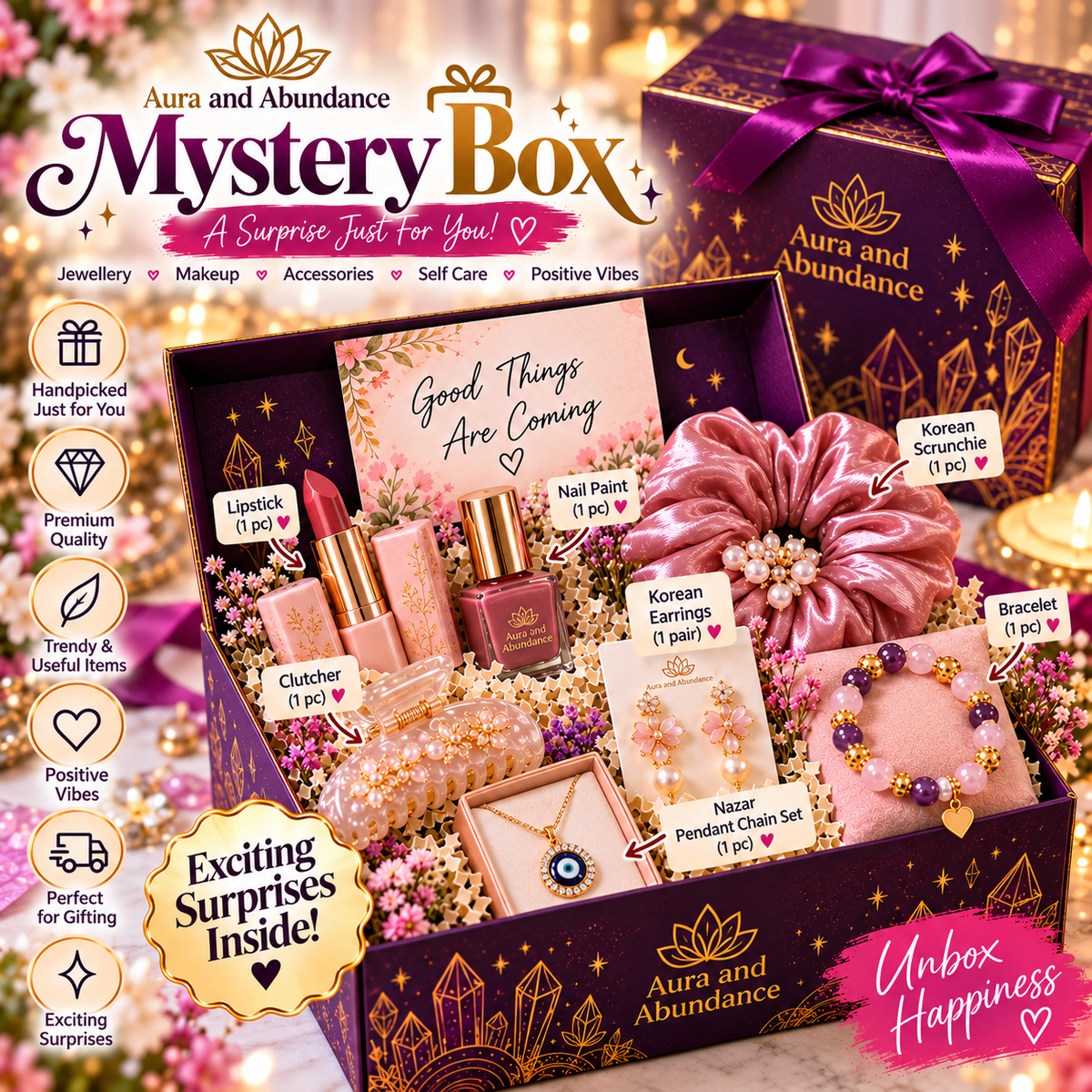 Assorted beauty and jewelry mystery gift box with purple satin ribbon and charms