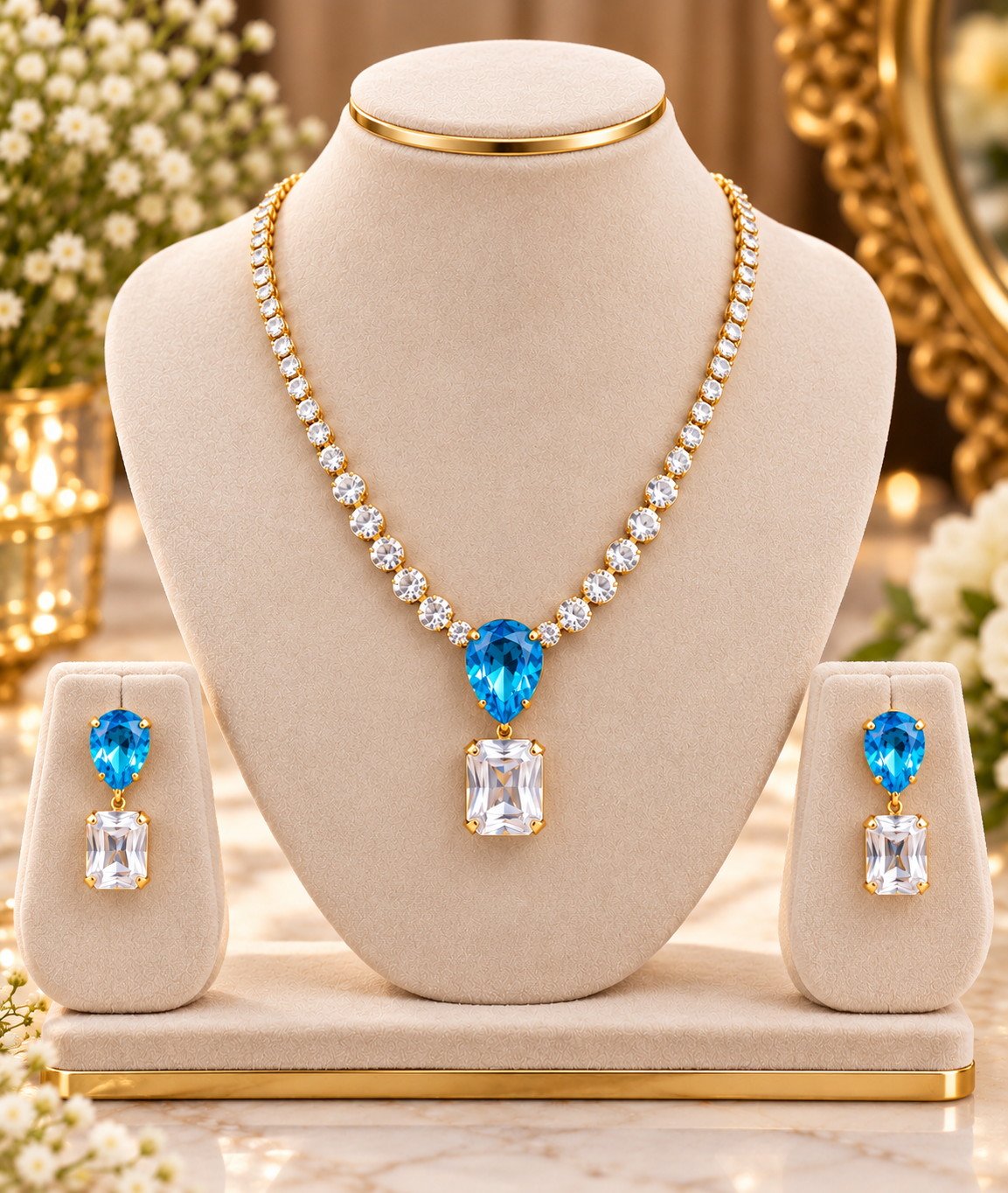 Blue teardrop stone necklace and matching dangling earrings on display stand