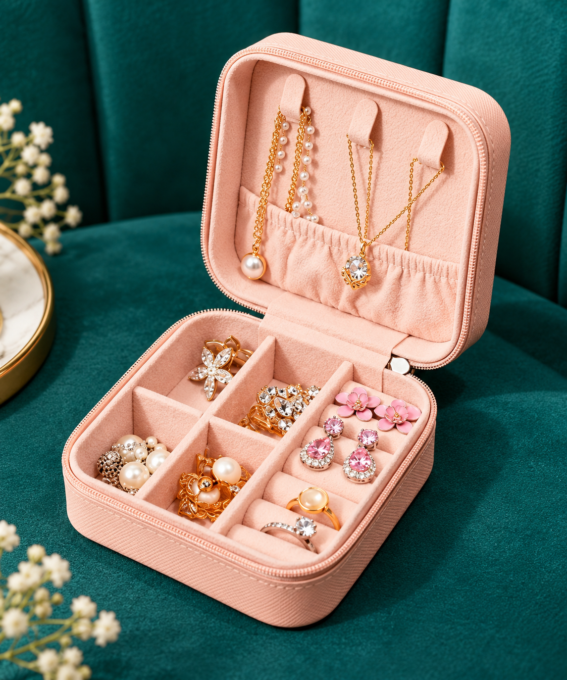 Pink zippered jewelry organizer box opened with ring and necklace compartments