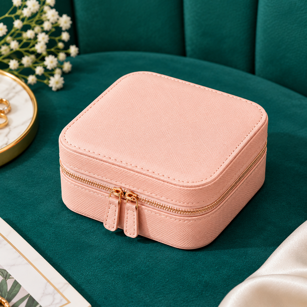 Pink travel jewelry organizer box with zippered top and double pull tabs